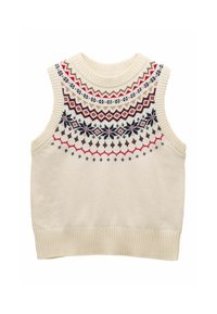 Krēma krāsas adīts bez piedurknēm džemperis ar rakstainu apakšdaļu, kurā ir sarkani, zili un brūni ģeometriski raksti. Ribota apkakle un apakša.