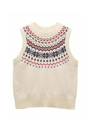 Cream-colored knitted sleeveless sweater with a patterned yoke featuring red, blue, and brown geometric designs. Ribbed collar and hem.