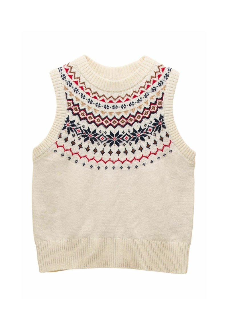 Krēma krāsas adīts bez piedurknēm džemperis ar rakstainu apakšdaļu, kurā ir sarkani, zili un brūni ģeometriski raksti. Ribota apkakle un apakša.