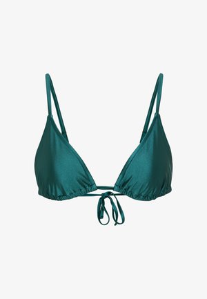 Sinivihreä bikinipäällinen, jossa on kolmionmuotoiset kupit, säädettävät olkaimet ja solmittava takakappale. Valmistettu kiiltävästä, sileästä materiaalista, jossa on poimuttelua.