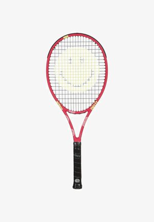 Tennisschläger mit rotem Rahmen, schwarzem Griff und Netz mit einem gelben Smiley-Gesicht-Design. Klassische ovale Form mit ergonomischem Griff.