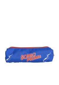 Trousse en tissu bleu avec fermeture éclair rouge. Présente le texte "SONIC PRIME" avec des éléments de design orange et blanc à l'avant. Forme rectangulaire.