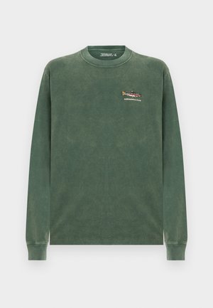 Žalia ilgomis rankovėmis palaidinė, pagaminta iš minkštos medvilnės. Yra mažas išsiuvinėtas žuvies dizainas kairėje krūtinės pusėje. Klasikinis apvalus kaklas.