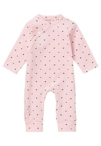 Pink baby romper with long sleeves, featuring a pattern of small black hearts, snap closure on the side, and ribbed cuffs. Soft cotton fabric.