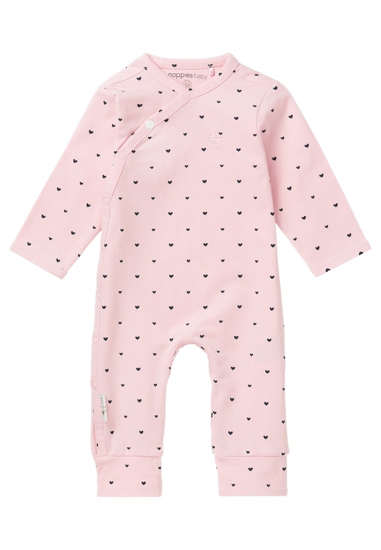 Pink baby romper with long sleeves, featuring a pattern of small black hearts, snap closure on the side, and ribbed cuffs. Soft cotton fabric.
