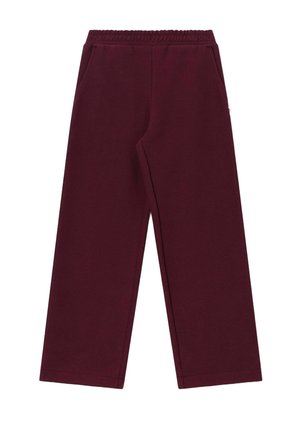 Pantalon large rouge foncé avec taille élastique et poches latérales, présenté à plat sur fond blanc.