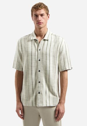 Blonder Mann, der ein kurzärmeliges Hemd mit vertikalen grauen und weißen Streifen trägt, vor einem schlichten weißen Hintergrund steht.
