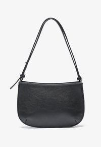 Black leather shoulder bag with a smooth texture, curved shape, and a single adjustable strap. Minimalist design with no visible hardware.