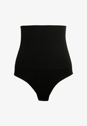 Černé vysoce pasové tvarující kalhotky vyrobené z žebrované látky, s hladkým povrchem a zadní částí ve stylu tanga pro minimální viditelnost.