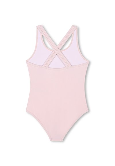 Roze eendelig badpak met gekruiste bandjes op de rug. Glad materiaal, ronde halslijn en een effen kleur ontwerp. Ideaal voor zwemmen of strandactiviteiten.