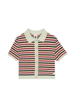 Chemise en maille à boutons et manches courtes, avec col vert pâle et rayures horizontales multicolores en beige, bordeaux et noir.