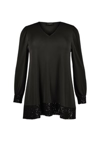 Black long-sleeve tunic with a V-neck, featuring a sequined black hem and cuffs. Smooth fabric with a slightly flared silhouette.