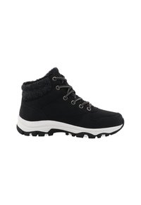 Czarne buty trekkingowe z miękkim czarnym kołnierzem z polaru, okrągłymi sznurówkami, teksturowaną gumową podeszwą i białym detalem w środkowej części.