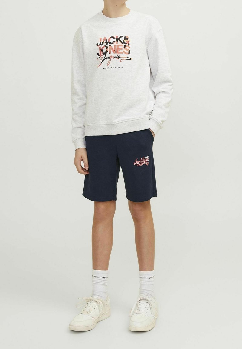 Pull gris avec logo sur le devant, associé à un short marine avec un logo rouge. Des baskets blanches et des chaussettes blanches visibles complètent la tenue.