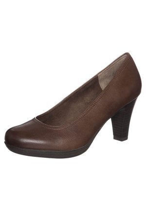 Hnědé kožené pumps s kulatou špičkou, texturovaným podpatkem a polstrovaným vnitřkem. Hladký povrch s minimem švů.