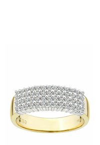 Dzeltenā zelta gredzens ar plašu, plakanu virsotni, rotātu ar vairākām apaļām, caurspīdīgām akmeņiem, kas izvietoti režģī, un gludu polished joslu.