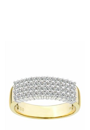 Yellow gold ring featuring a wide, flat top adorned with multiple round, clear stones set in a grid pattern with a smooth polished band.