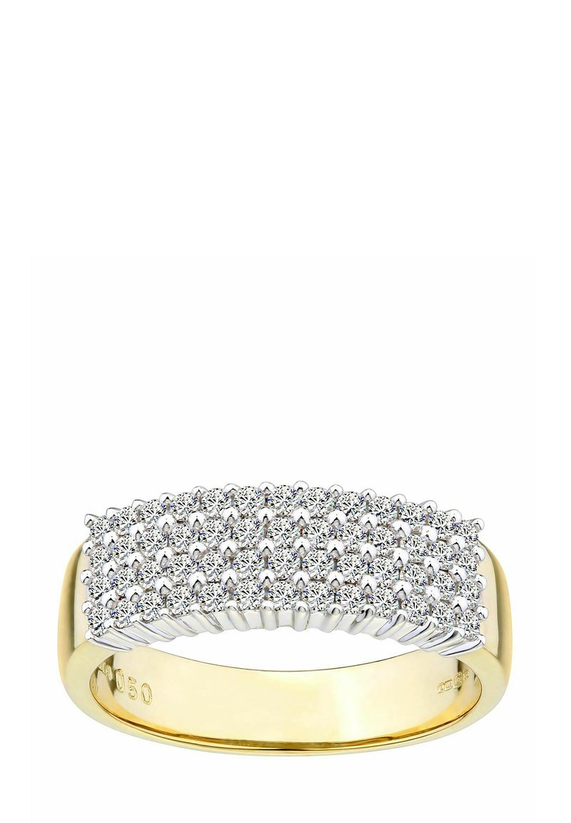 Dzeltenā zelta gredzens ar plašu, plakanu virsotni, rotātu ar vairākām apaļām, caurspīdīgām akmeņiem, kas izvietoti režģī, un gludu polished joslu.