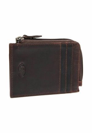 Portefeuille en cuir marron avec une fermeture éclair, plusieurs emplacements pour cartes d'un côté et une texture lisse. Présente des détails de couture contrastants.