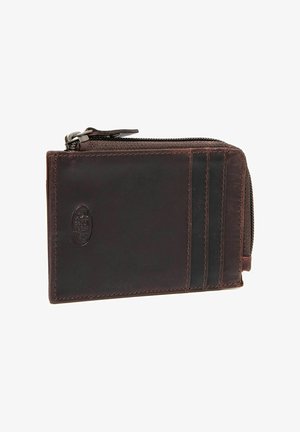 Portefeuille en cuir marron avec une fermeture éclair, plusieurs emplacements pour cartes d'un côté et une texture lisse. Présente des détails de couture contrastants.