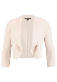 Cardigan cropped ouvert de couleur crème, avec des manches trois-quarts et un col doux drapé.