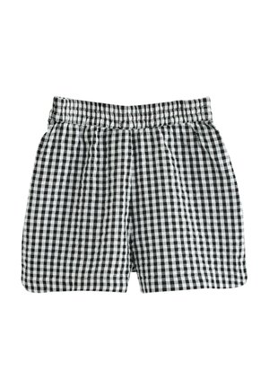 Zwart-witte geruite shorts met elastische tailleband, ontworpen voor casual gebruik.