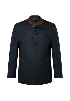 Chaqueta azul oscuro con cuello alzado, detalles en cuero marrón, cinco botones y dos bolsillos frontales. Tejido texturizado con un patrón sutil.