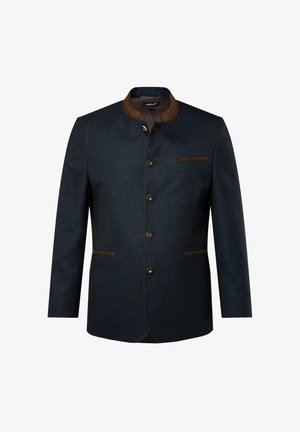 Mørkeblå jakke med stående krave, brune læderdetaljer, fem knapper og to lommer foran. Tekstureret stof med subtilt mønster.