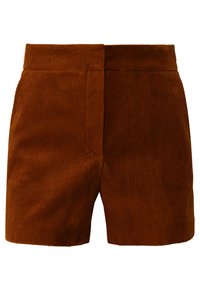Shorts in cotone a coste marroni con vita alta e texture a righe verticali, esposti su uno sfondo bianco.