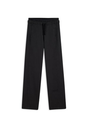 Pantalones de chándal negros con cintura elástica y cordón ajustable. Presentan bolsillos laterales, diseño de pierna recta y detalle de logo cerca del dobladillo.