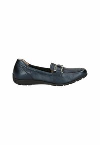Scarpa piatta in pelle blu con punta arrotondata, dettaglio decorativo con fibbia sulla parte superiore e finitura strutturata. Suola in gomma per la durata.