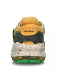SATORISAN sneaker featuring a mix of green, yellow, and gray materials, with a speckled white sole and a textured green outsole.