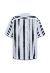 Short-sleeve shirt in a woven fabric, featuring alternating black and white vertical stripes, a relaxed fit, and a classic collar.