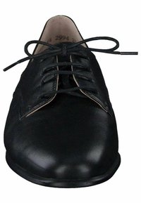 Scarpa da uomo in pelle nera con punta arrotondata, design con lacci e fodera beige. Finitura liscia e leggero lucido.