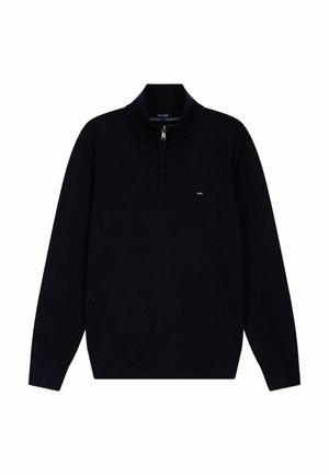 Pull-over zippé marine en tissu tricoté. Présente un col haut, des poignets et un ourlet côtelés. Détail logo subtil sur la poitrine.