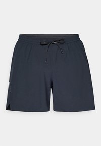 Navy blue athletic shorts made of lightweight fabric, featuring an elastic waistband, drawstring, and side slits for ease of movement.