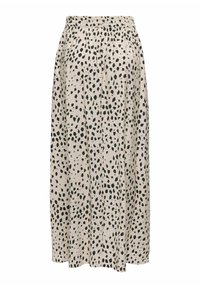 Gonna maxi con vita elasticizzata, realizzata in un tessuto beige coperto di macchie nere sparse, superficie testurizzata e lunghezza completa.