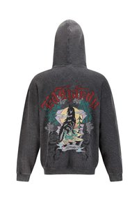 Grå hættebluse med en stor grafisk design på ryggen, der viser en ulv mod en farverig nattehimmel med træer.