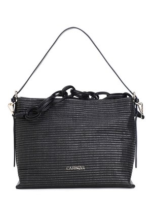 Sac à épaule en cuir noir texturé avec détail de chaîne épaisse et fine sangle, avec un petit logo de marque argenté à l'avant.