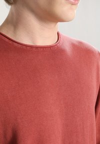 Maglione girocollo in cotone color ruggine con finitura strutturata, caratterizzato da un semplice scollo a costine e maniche aderenti.