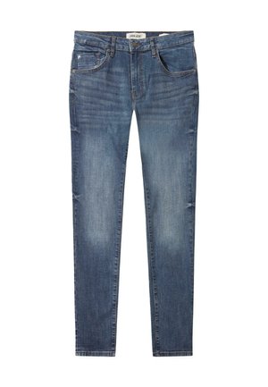 Mørkeblå denimjeans med slim fit, med knappelukking, fem lommer, lett falming og sømdetaljer.