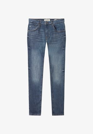 Tamsiai mėlynos džinsinės kelnės su liesu kirpimu, su mygtuko uždarymu, penkiomis kišenėmis, šiek tiek išblukusios ir siuvinėjimo akcentais.