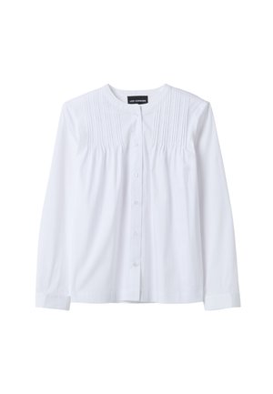 Witte blouse met lange mouwen, een ronde halslijn, knoopsluiting aan de voorkant, verticale plooien op de bovenborst en manchetten aan de mouwen.