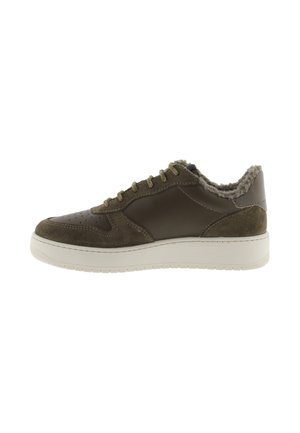 Low-Top-Sneaker in Olivgrün mit Velours- und Lederpaneelen, Schnürung vorne, weiße Sohle und kuscheligem Fellfutter am Kragen.