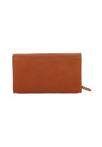 Brown leather wallet with visible stitching, rectangular shape, and a small zipper pull tab on the right side.