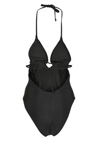 Maillot de bain noir à découpes avec des liens autour du cou, des bonnets triangulaires et des détails froncés sur les côtés. Fabriqué en matériau lisse et extensible.