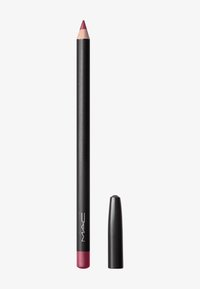Crayon à lèvres MAC avec un corps noir élancé, une pointe effilée de couleur rose foncé, et un capuchon amovible. Le bas présente une accent de couleur assortie.