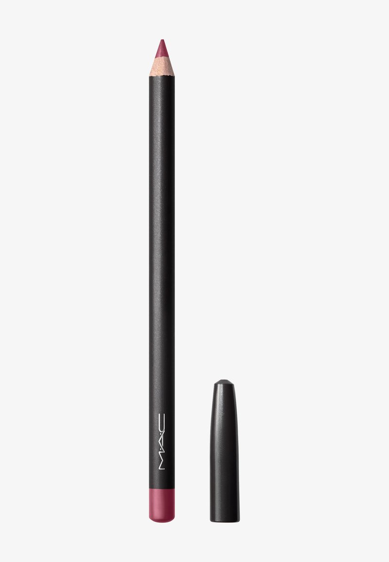Crayon à lèvres MAC avec un corps noir élancé, une pointe effilée de couleur rose foncé, et un capuchon amovible. Le bas présente une accent de couleur assortie.
