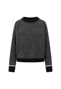Grijze wollen sweater met een gestructureerde afwerking, zwarte ribgebreide ronde hals en boorden. Geaccentueerd met een roze streep aan de onderkant.