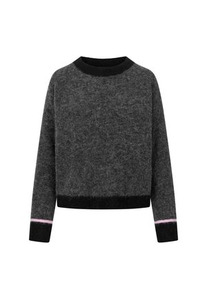 Grijze wollen sweater met een gestructureerde afwerking, zwarte ribgebreide ronde hals en boorden. Geaccentueerd met een roze streep aan de onderkant.